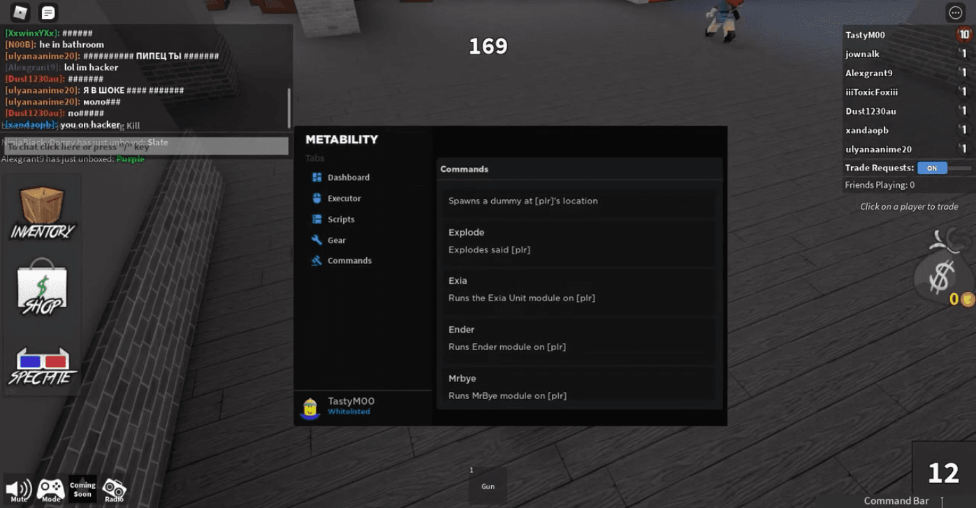 Metability admin panel running inside a live Roblox game